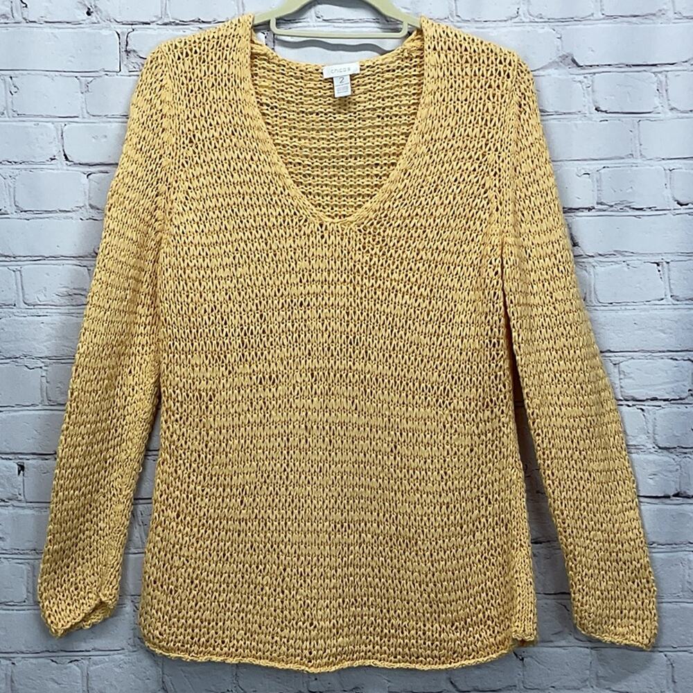 Chico’s Sweater Women's Size 2 (M/12) Yellow Open Knit V-Neck Beachy Vacation